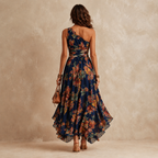 Vestido longo floral de um ombro só com cintura transpassada — Bene Donna — imagem 03