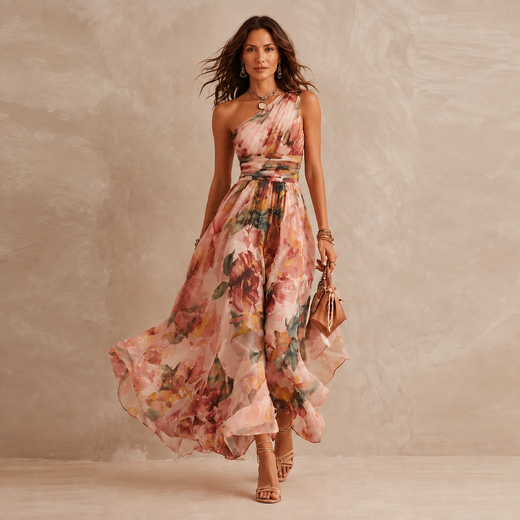 Vestido longo floral de um ombro só com cintura transpassada — Bene Donna — imagem 04