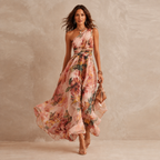 Vestido longo floral de um ombro só com cintura transpassada — Bene Donna — imagem 04