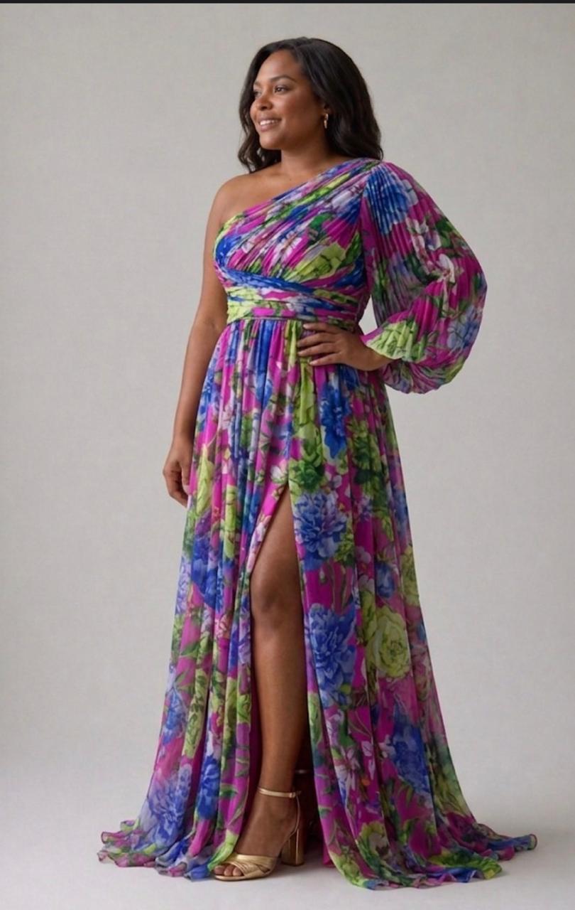 Vestido longo floral de um ombro só com manga balonê e fenda — Bene Donna — imagem 01