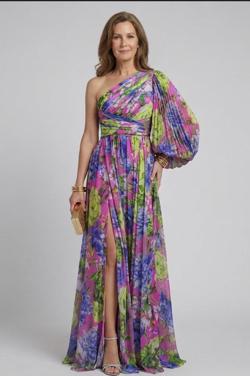 Vestido longo floral de um ombro só com manga balonê e fenda — Bene Donna — imagem 02