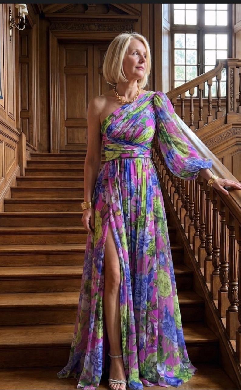 Vestido longo floral de um ombro só com manga balonê e fenda — Bene Donna — imagem 03