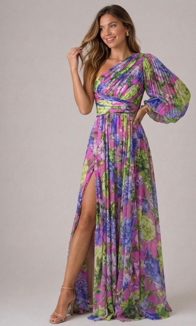 Vestido longo floral de um ombro só com manga balonê e fenda — Bene Donna — imagem 04