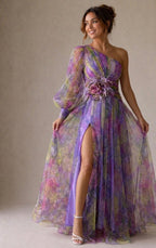Vestido longo floral de um ombro só com saia em camadas — Bene Donna — imagem 01