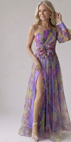 Vestido longo floral de um ombro só com saia em camadas — Bene Donna — imagem 02
