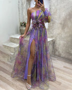 Vestido longo floral de um ombro só com saia em camadas — Bene Donna — imagem 04
