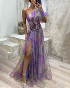 Vestido longo floral de um ombro só com saia em camadas — Bene Donna — imagem 07