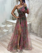 Vestido longo floral de um ombro só com saia em camadas — Bene Donna — imagem 11