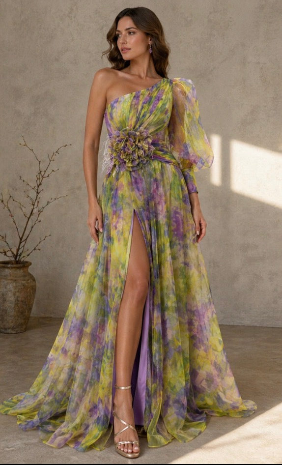 Vestido longo floral de um ombro só com saia em camadas — Bene Donna — imagem 12