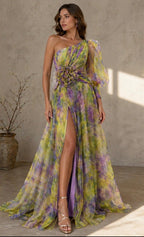Vestido longo floral de um ombro só com saia em camadas — Bene Donna — imagem 12