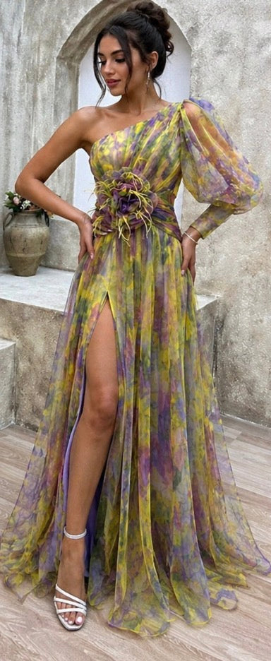 Vestido longo floral de um ombro só com saia em camadas — Bene Donna — imagem 14