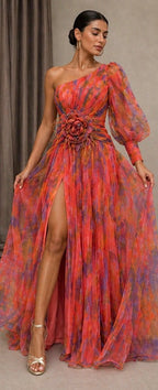 Vestido longo floral de um ombro só com saia em camadas — Bene Donna — imagem 15