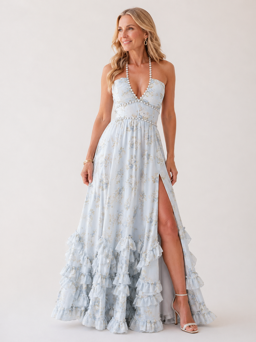 Vestido longo floral frente única com babados e fenda — Bene Donna — imagem 01