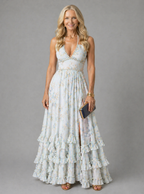 Vestido longo floral frente única com babados e fenda — Bene Donna — imagem 02