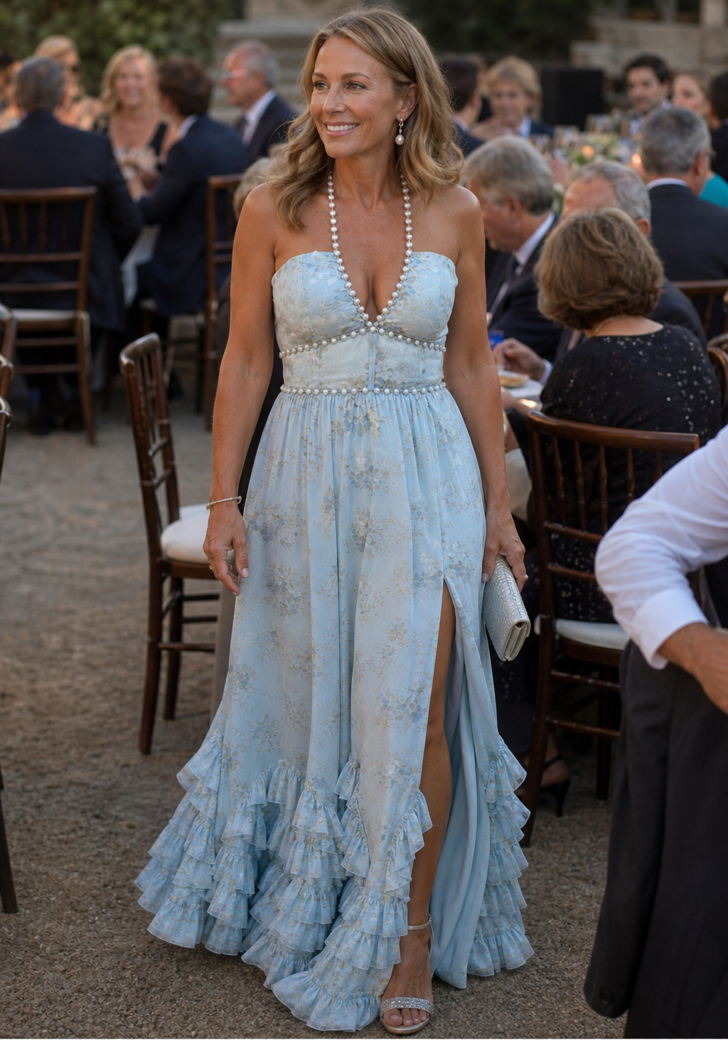 Vestido longo floral frente única com babados e fenda — Bene Donna — imagem 05