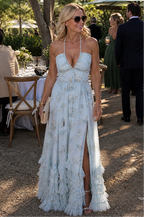 Vestido longo floral frente única com babados e fenda — Bene Donna — imagem 06