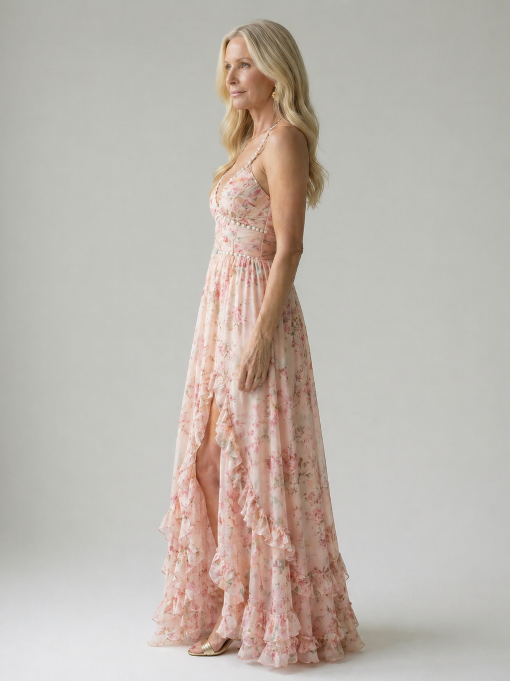 Vestido longo floral frente única com babados e fenda — Bene Donna — imagem 07