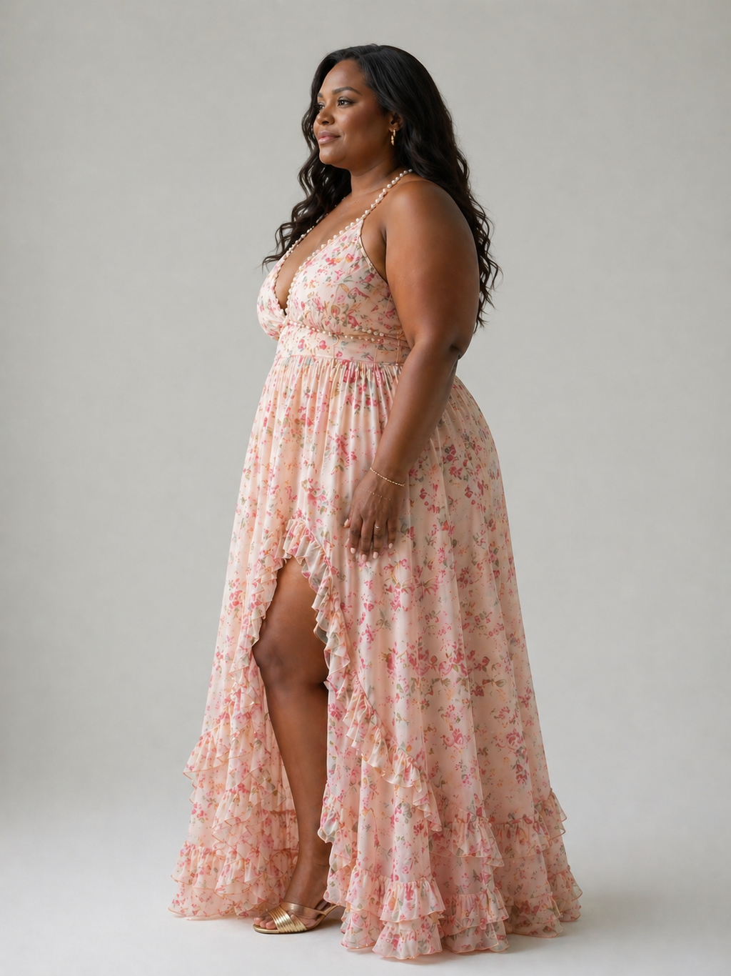 Vestido longo floral frente única com babados e fenda — Bene Donna — imagem 08