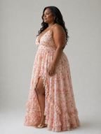 Vestido longo floral frente única com babados e fenda — Bene Donna — imagem 08