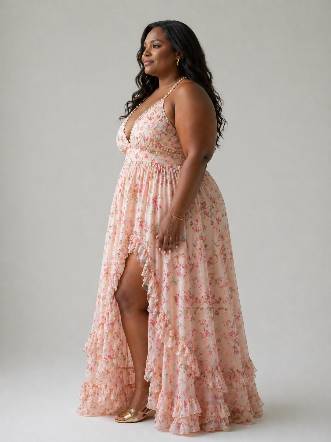 Vestido longo floral frente única com babados e fenda — Bene Donna — imagem 08