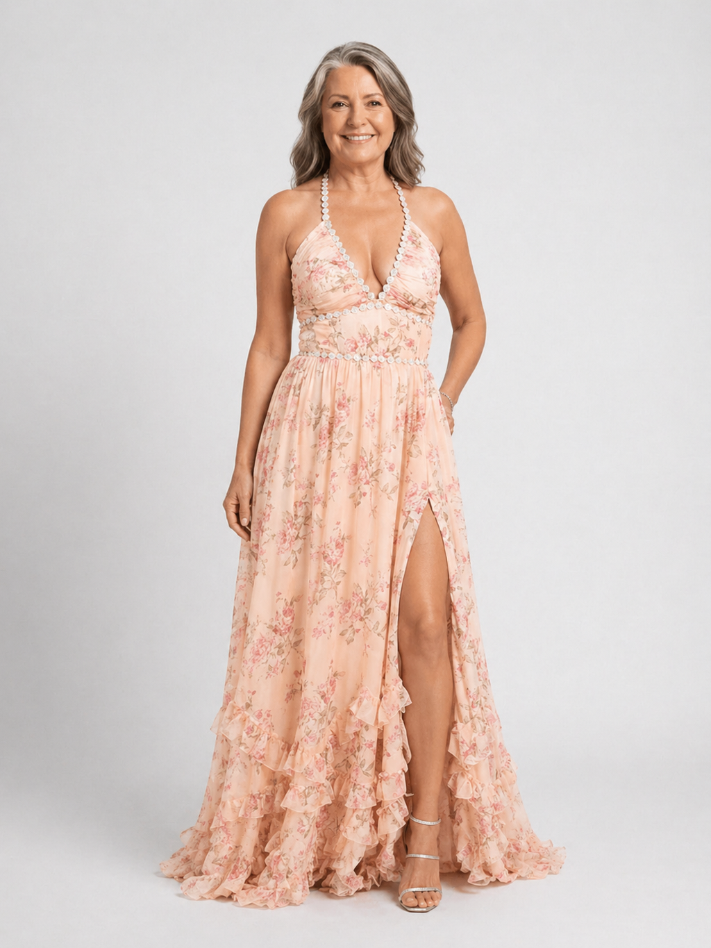 Vestido longo floral frente única com babados e fenda — Bene Donna — imagem 09