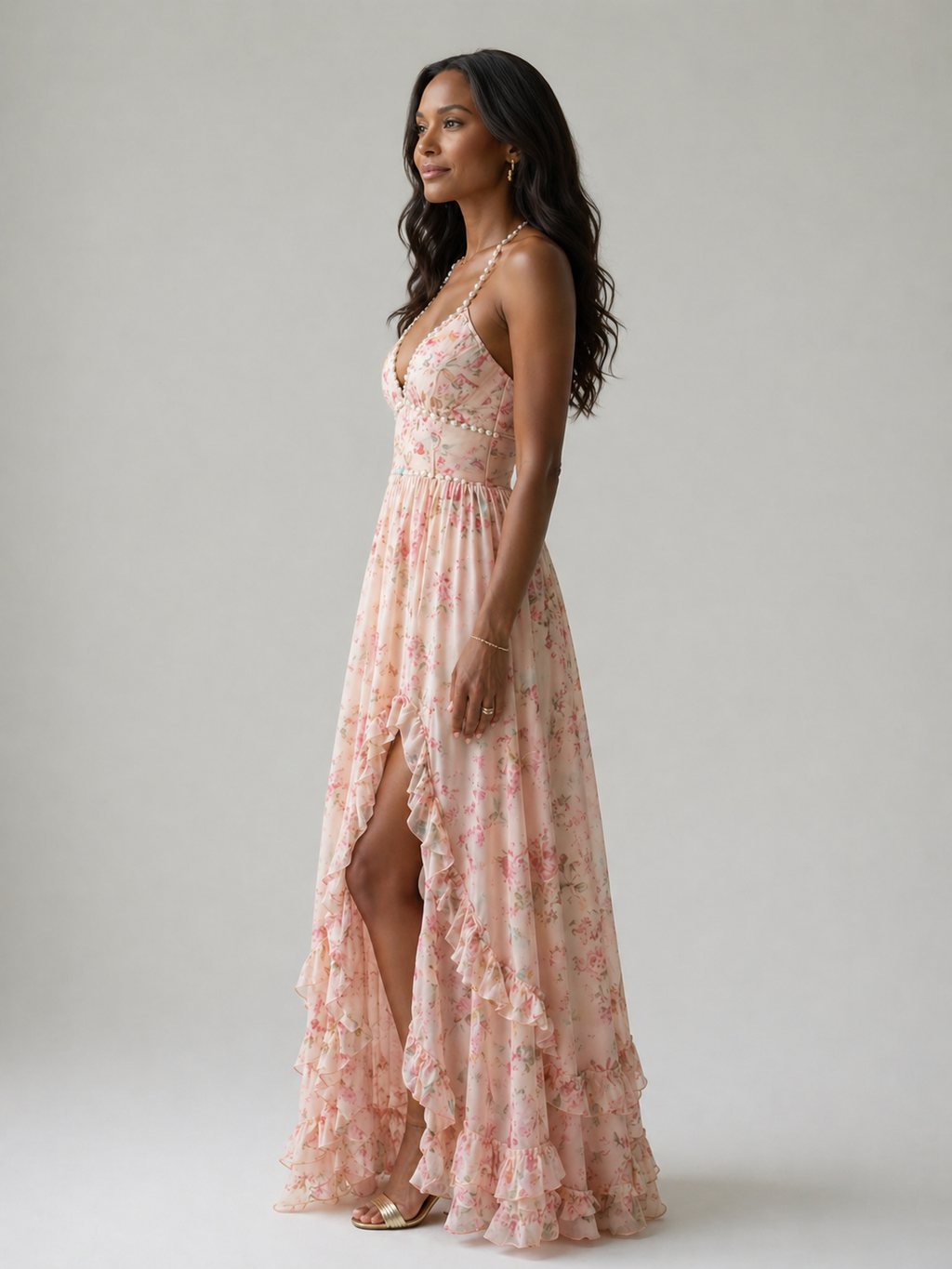 Vestido longo floral frente única com babados e fenda — Bene Donna — imagem 10