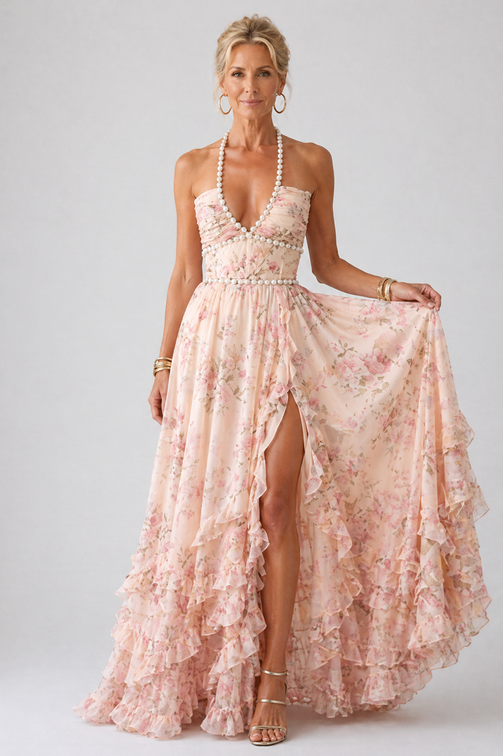 Vestido longo floral frente única com babados e fenda — Bene Donna — imagem 11