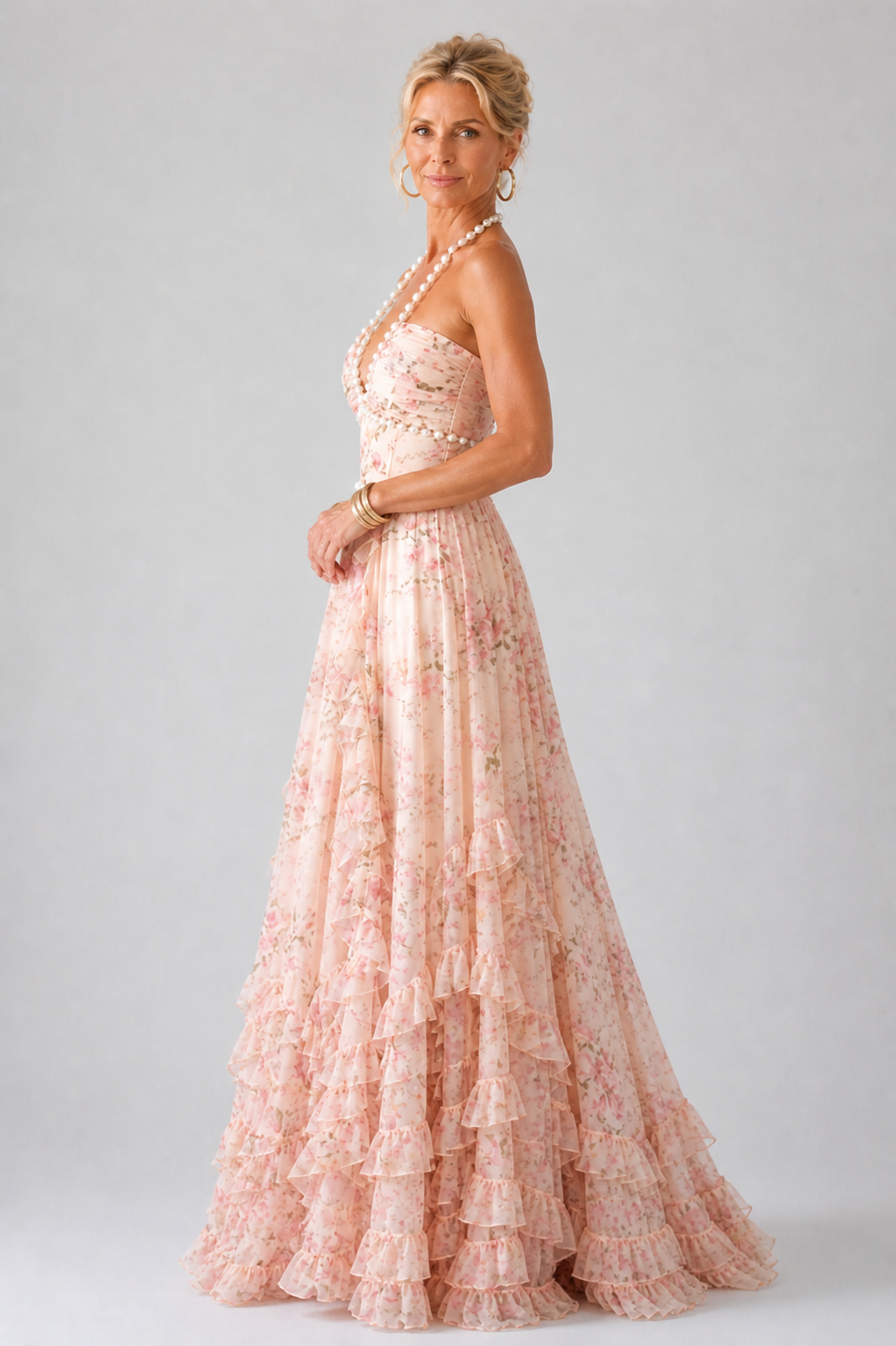 Vestido longo floral frente única com babados e fenda — Bene Donna — imagem 12