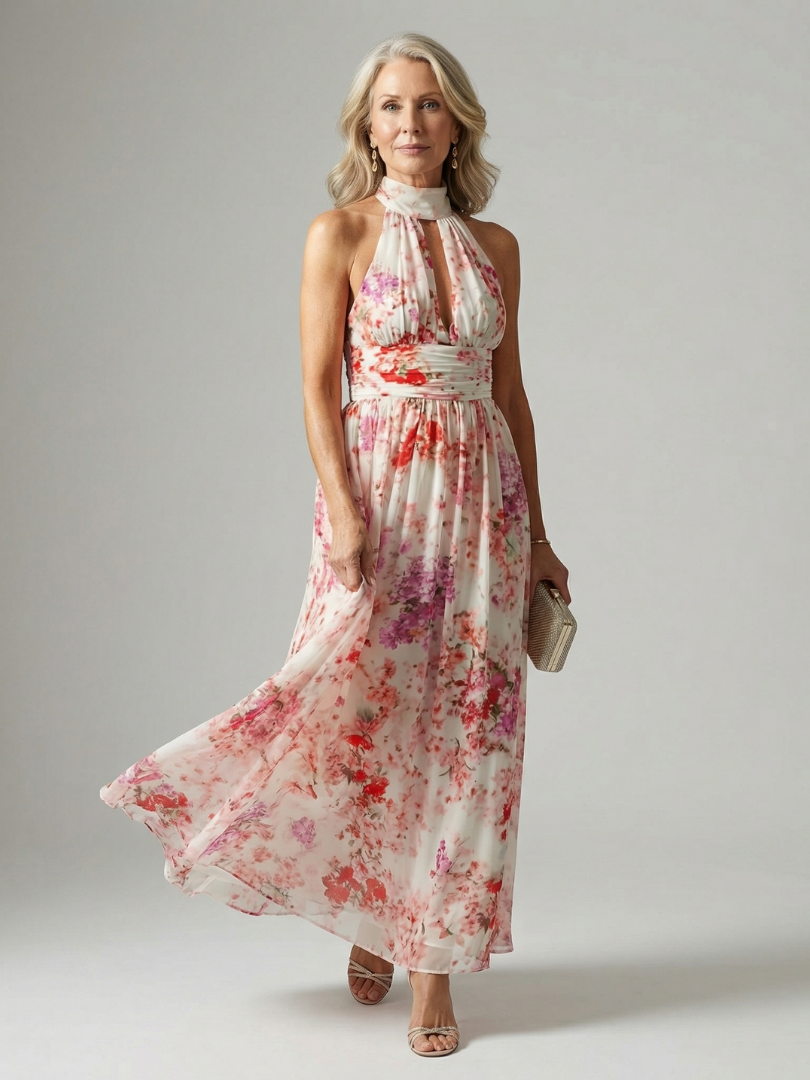 Vestido longo floral frente única com busto franzido — Bene Donna — imagem 01