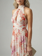 Vestido longo floral frente única com busto franzido — Bene Donna — imagem 03