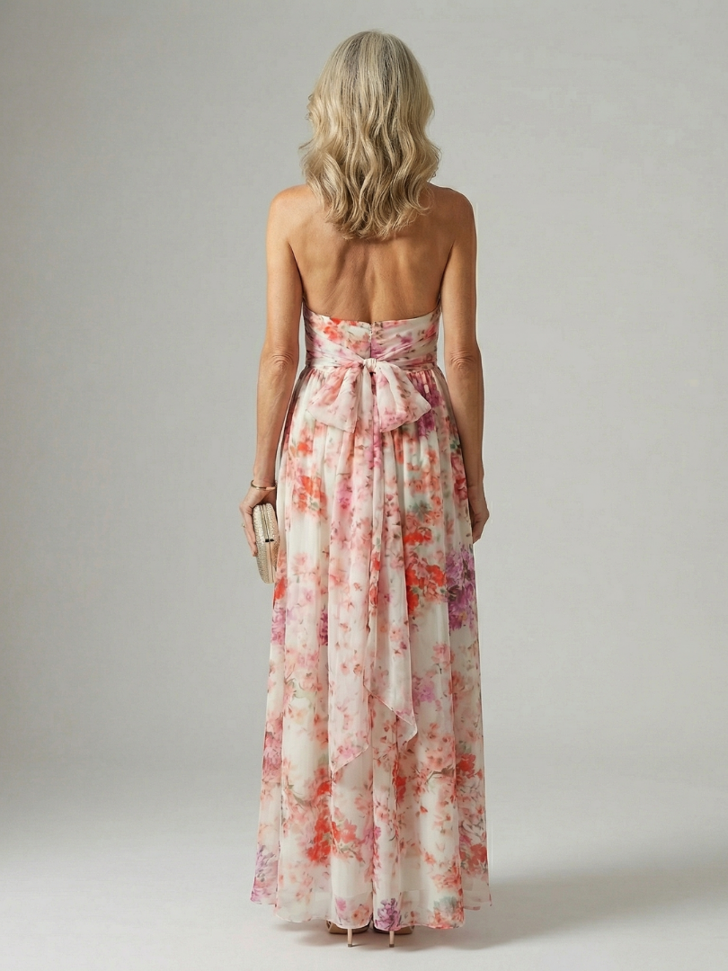 Vestido longo floral frente única com busto franzido — Bene Donna — imagem 04