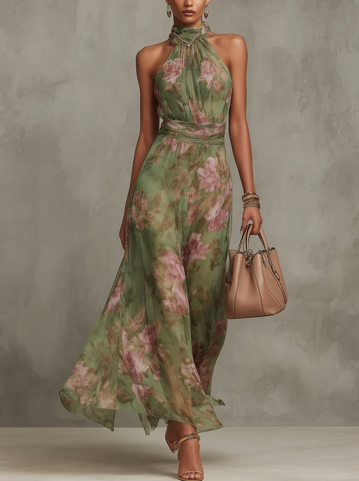 Vestido longo floral frente única com cintura franzida — Bene Donna — imagem 01
