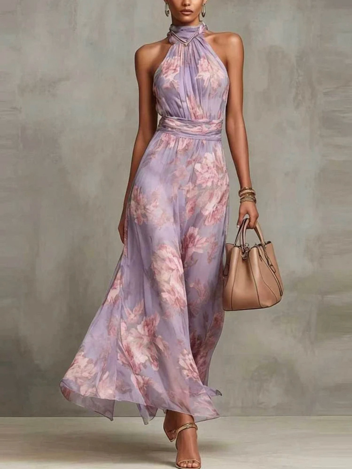 Vestido longo floral frente única com cintura franzida — Bene Donna — imagem 02