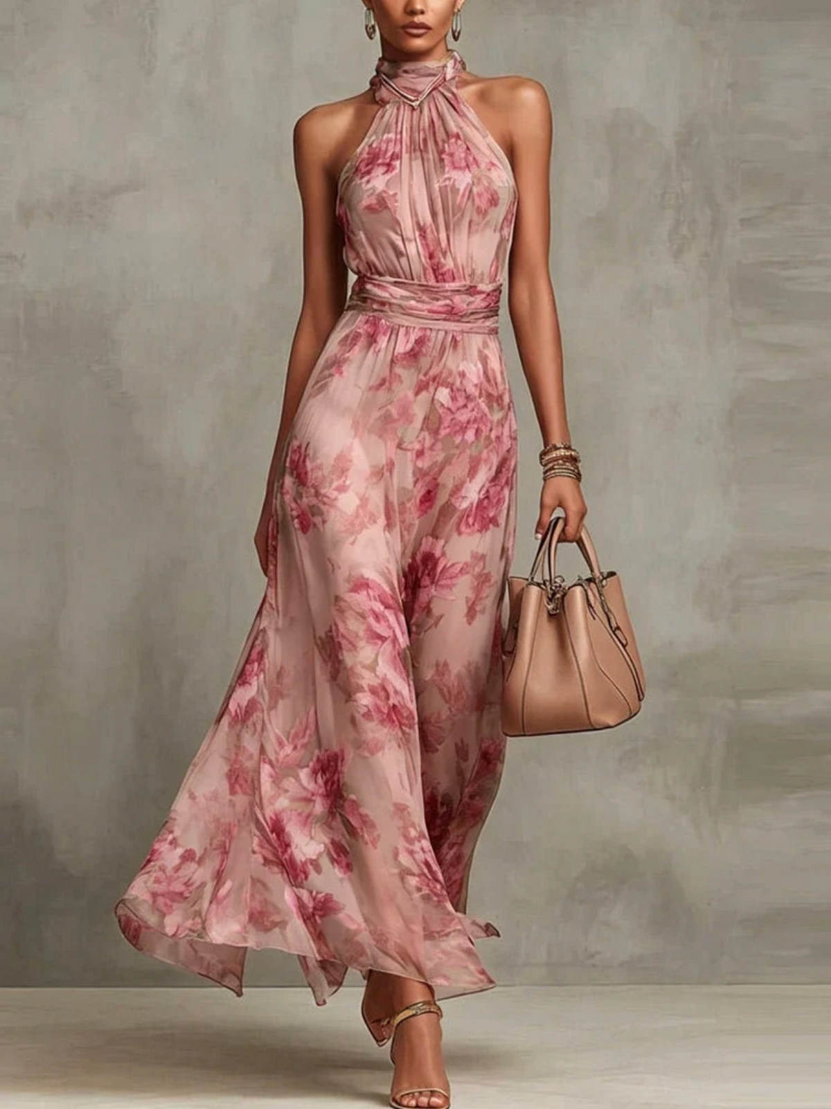 Vestido longo floral frente única com cintura franzida — Bene Donna — imagem 03