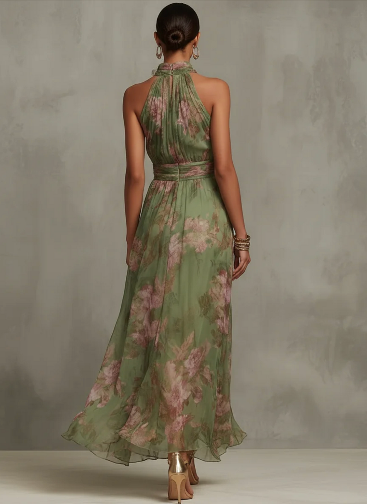 Vestido longo floral frente única com cintura franzida — Bene Donna — imagem 04