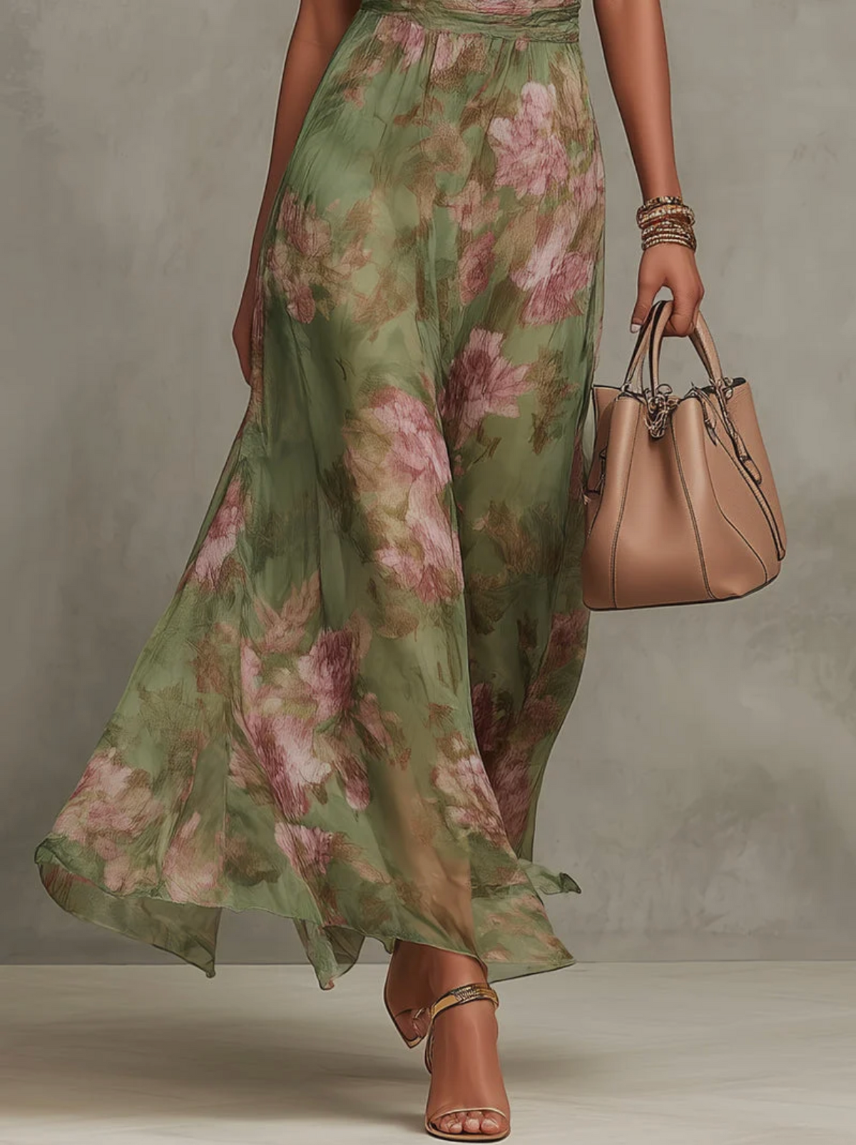 Vestido longo floral frente única com cintura franzida — Bene Donna — imagem 05
