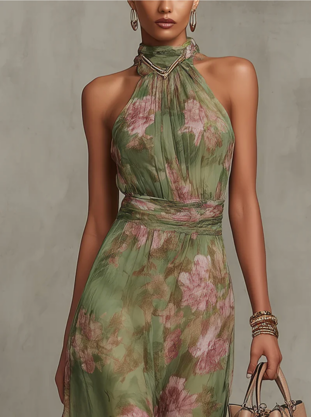 Vestido longo floral frente única com cintura franzida — Bene Donna — imagem 06