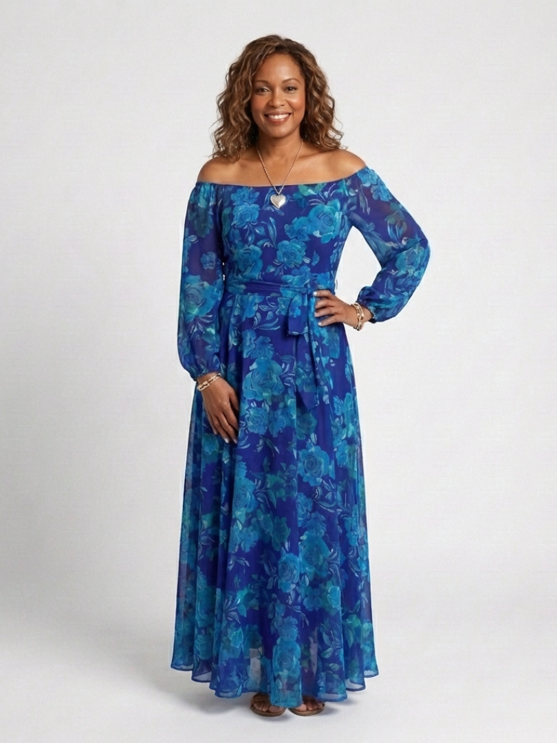 Vestido longo floral ombro a ombro com mangas franzidas — Bene Donna — imagem 01