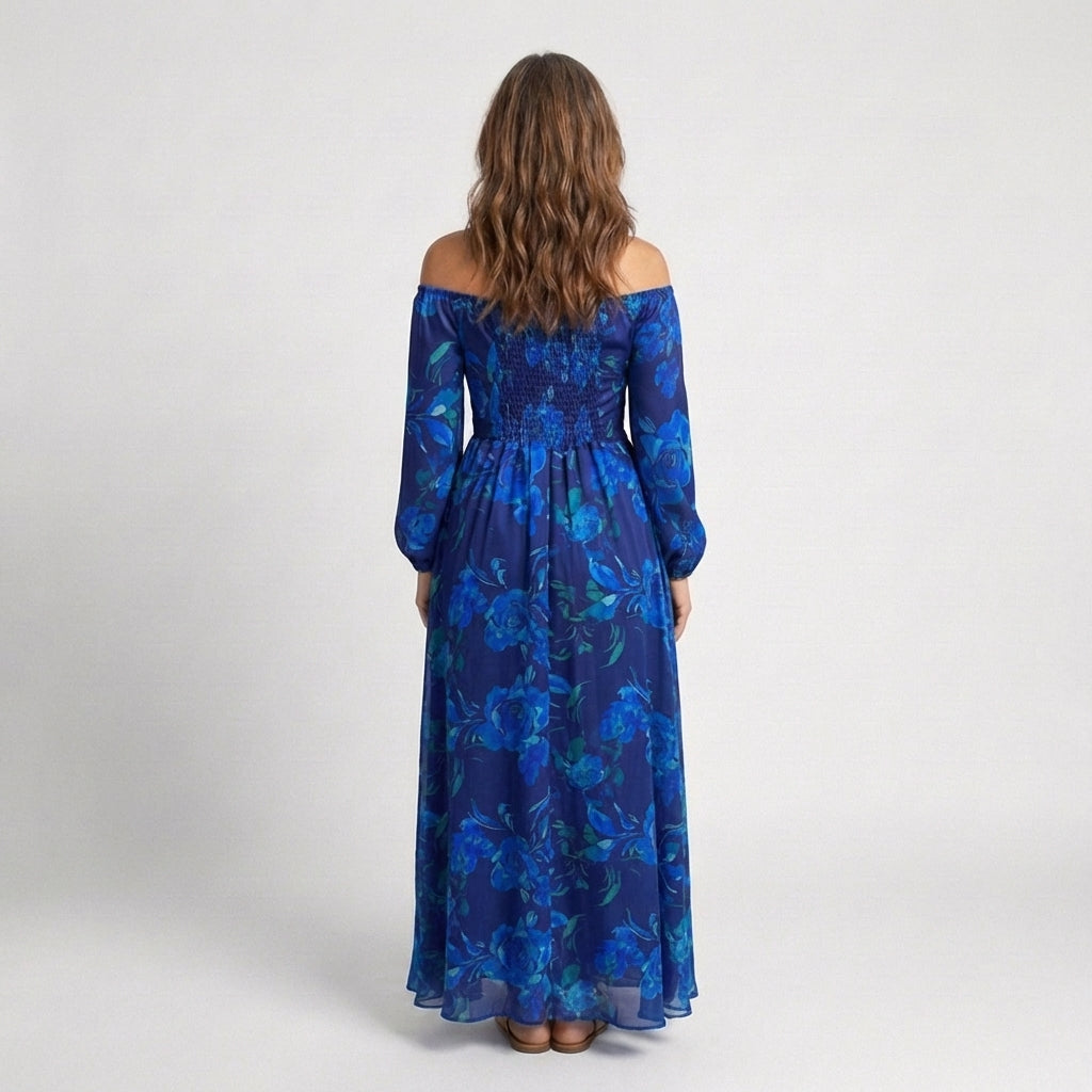 Vestido longo floral ombro a ombro com mangas franzidas — Bene Donna — imagem 02