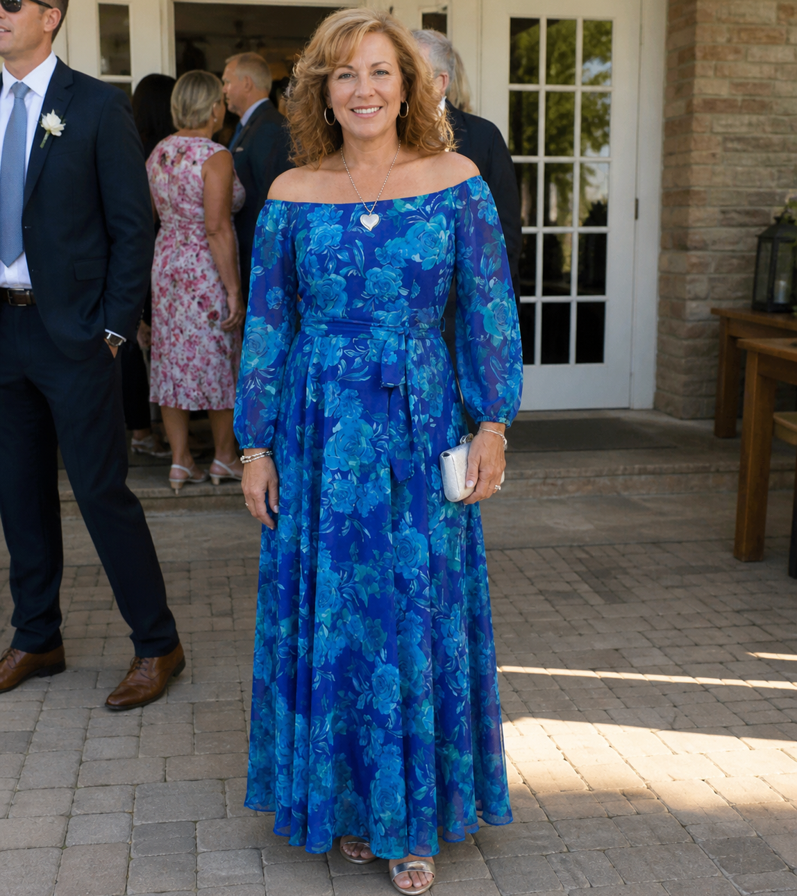 Vestido longo floral ombro a ombro com mangas franzidas — Bene Donna — imagem 03