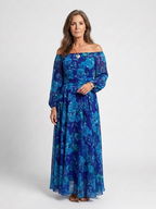 Vestido longo floral ombro a ombro com mangas franzidas — Bene Donna — imagem 04