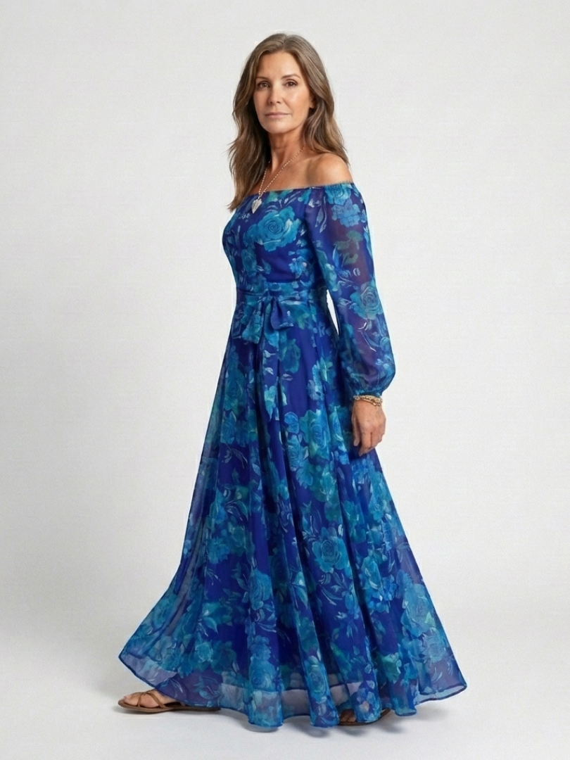 Vestido longo floral ombro a ombro com mangas franzidas — Bene Donna — imagem 05