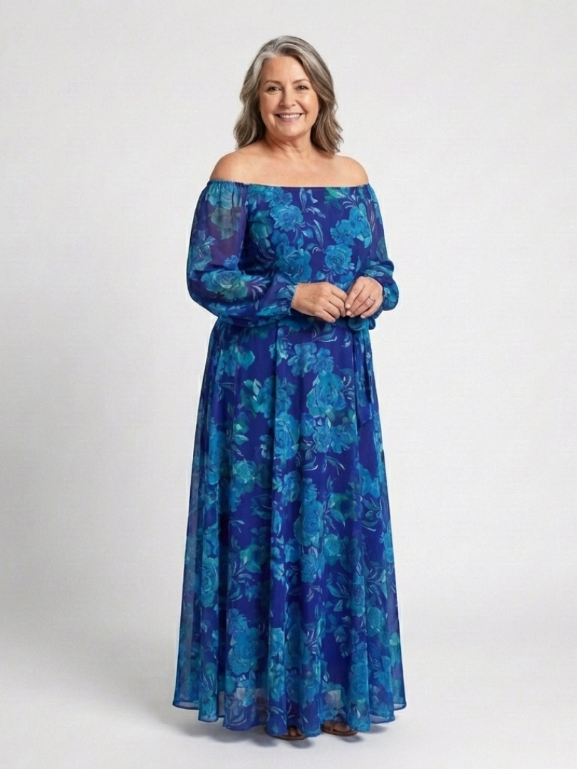 Vestido longo floral ombro a ombro com mangas franzidas — Bene Donna — imagem 06