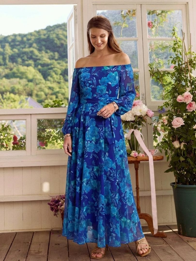 Vestido longo floral ombro a ombro com mangas franzidas — Bene Donna — imagem 07