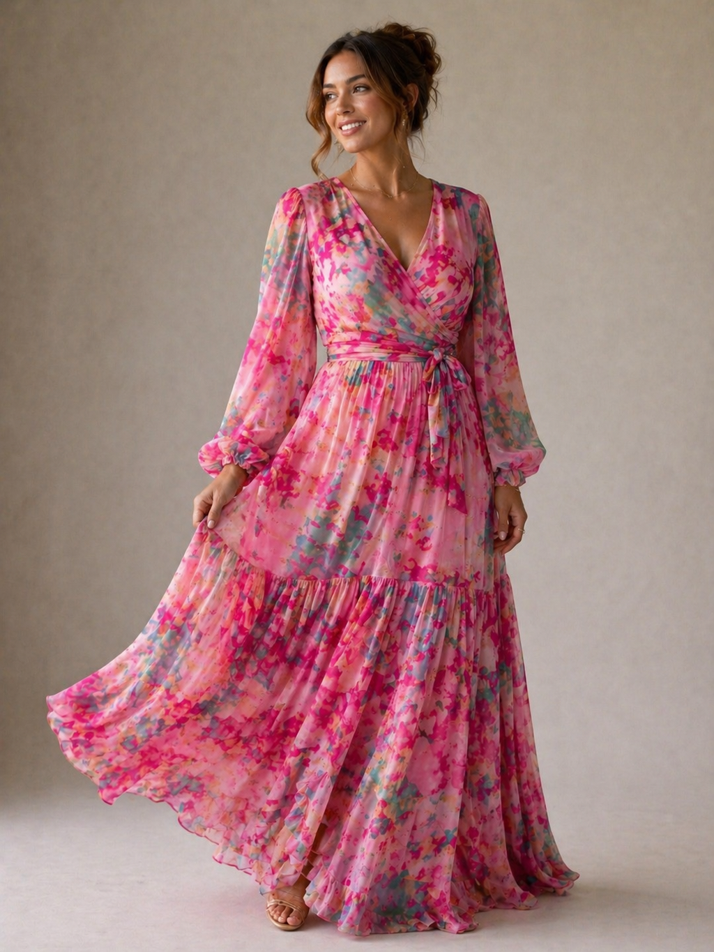 Vestido longo floral transpassado com mangas amplas — Bene Donna — imagem 01