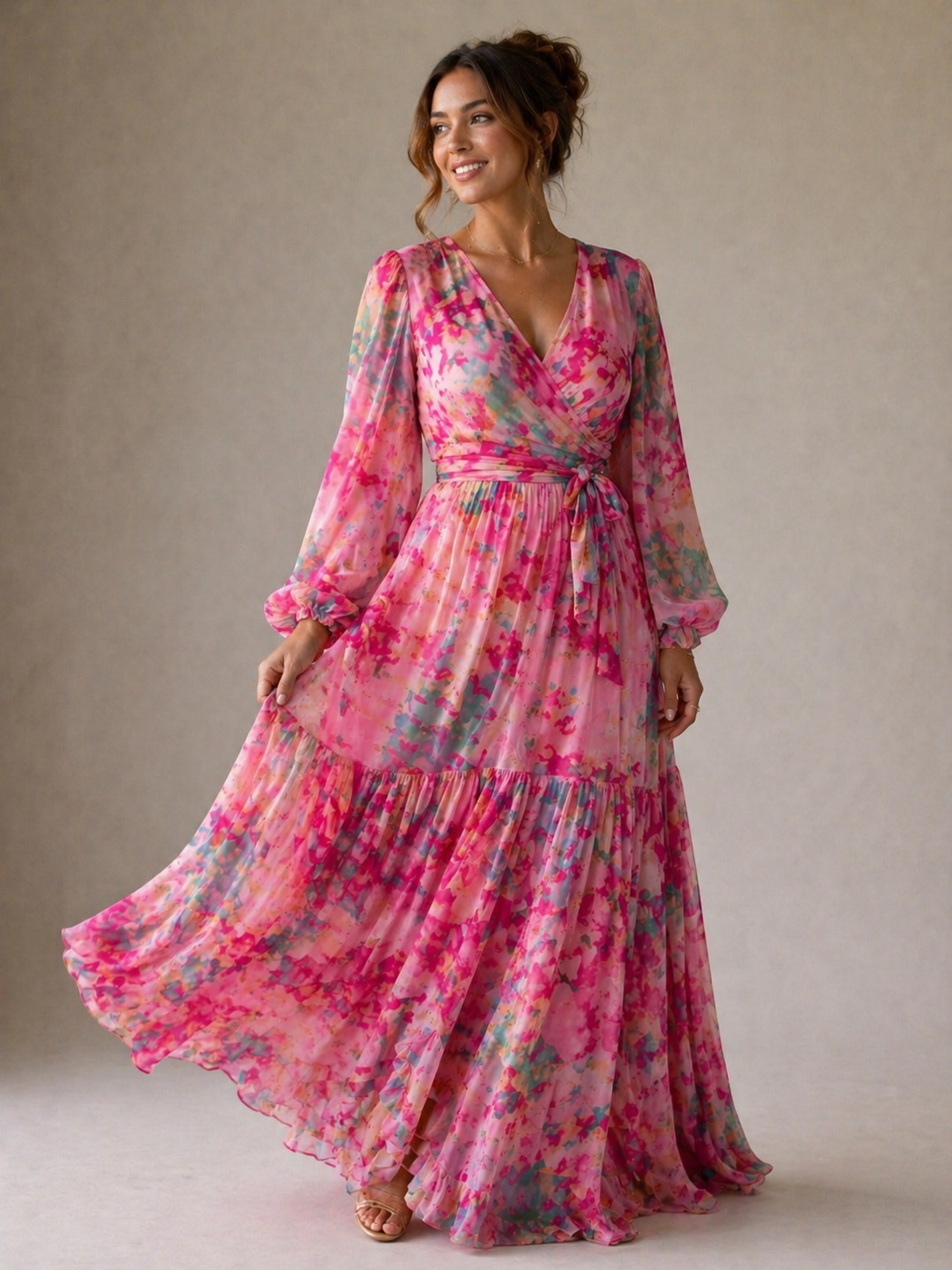 Vestido longo floral transpassado com mangas amplas — Bene Donna — imagem 01