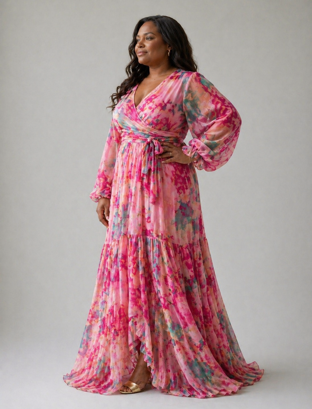 Vestido longo floral transpassado com mangas amplas — Bene Donna — imagem 02