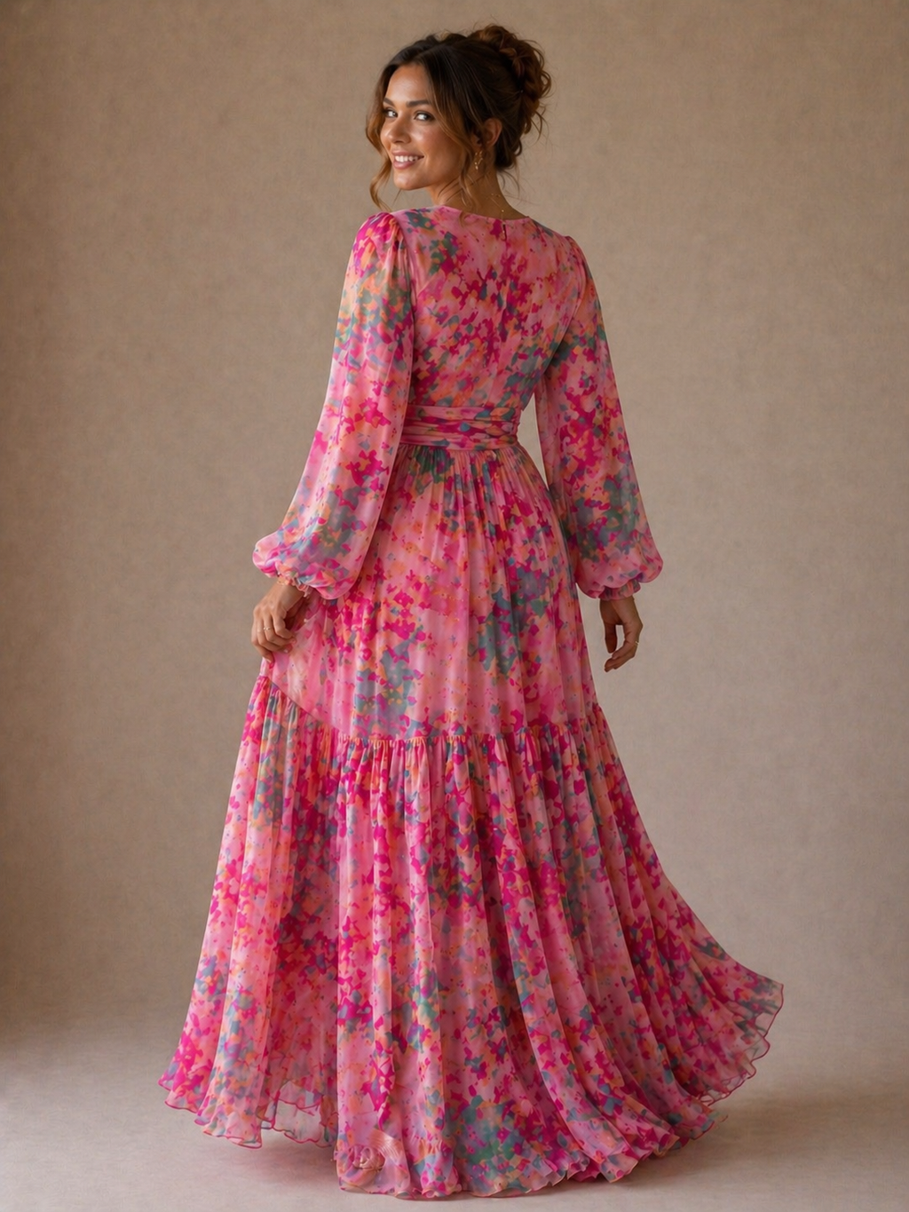 Vestido longo floral transpassado com mangas amplas — Bene Donna — imagem 03