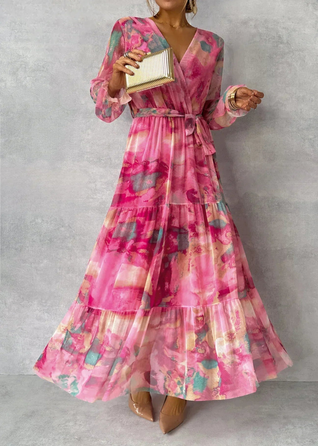 Vestido longo floral transpassado com mangas amplas — Bene Donna — imagem 05