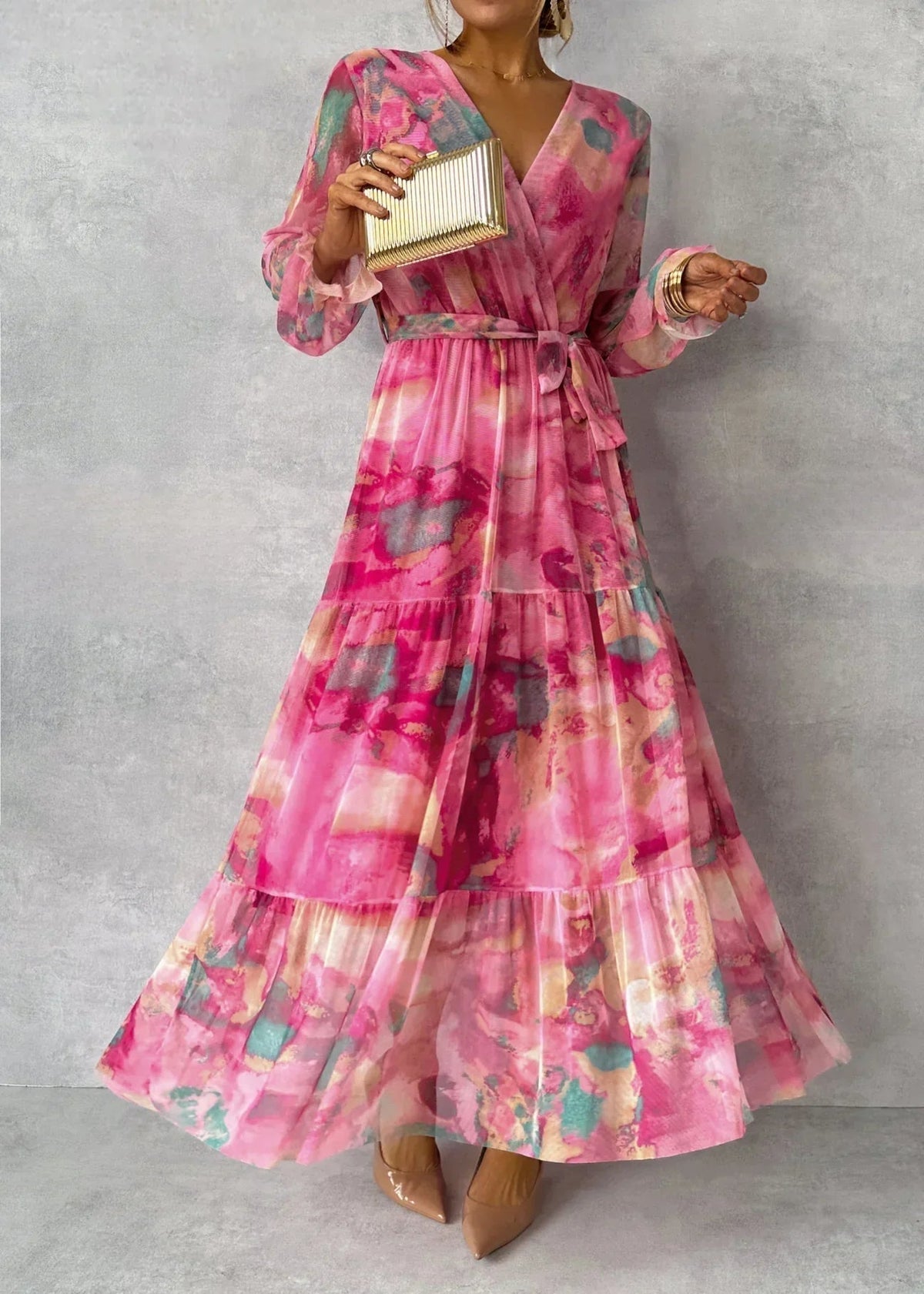 Vestido longo floral transpassado com mangas amplas — Bene Donna — imagem 05
